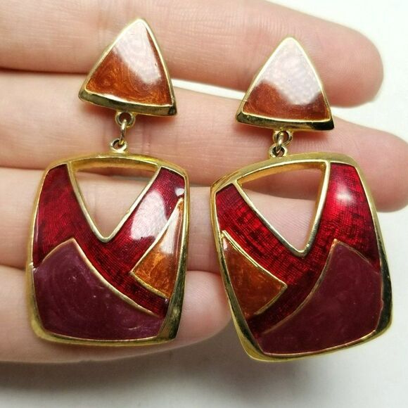 Vintage Red Enamel Retro Geometric Pattern Dangle Earrings, 80s 90s Style Estate - Picture 1 of 6